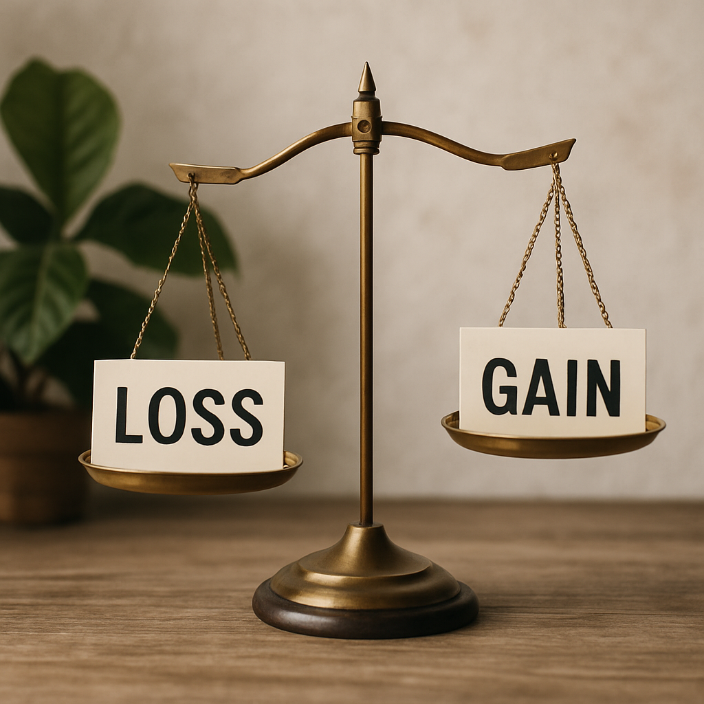 A scale with loss and gain and the loss side weighed down Make it look almost like a photograph Can you be sure the loss sdie is weighed down more tha